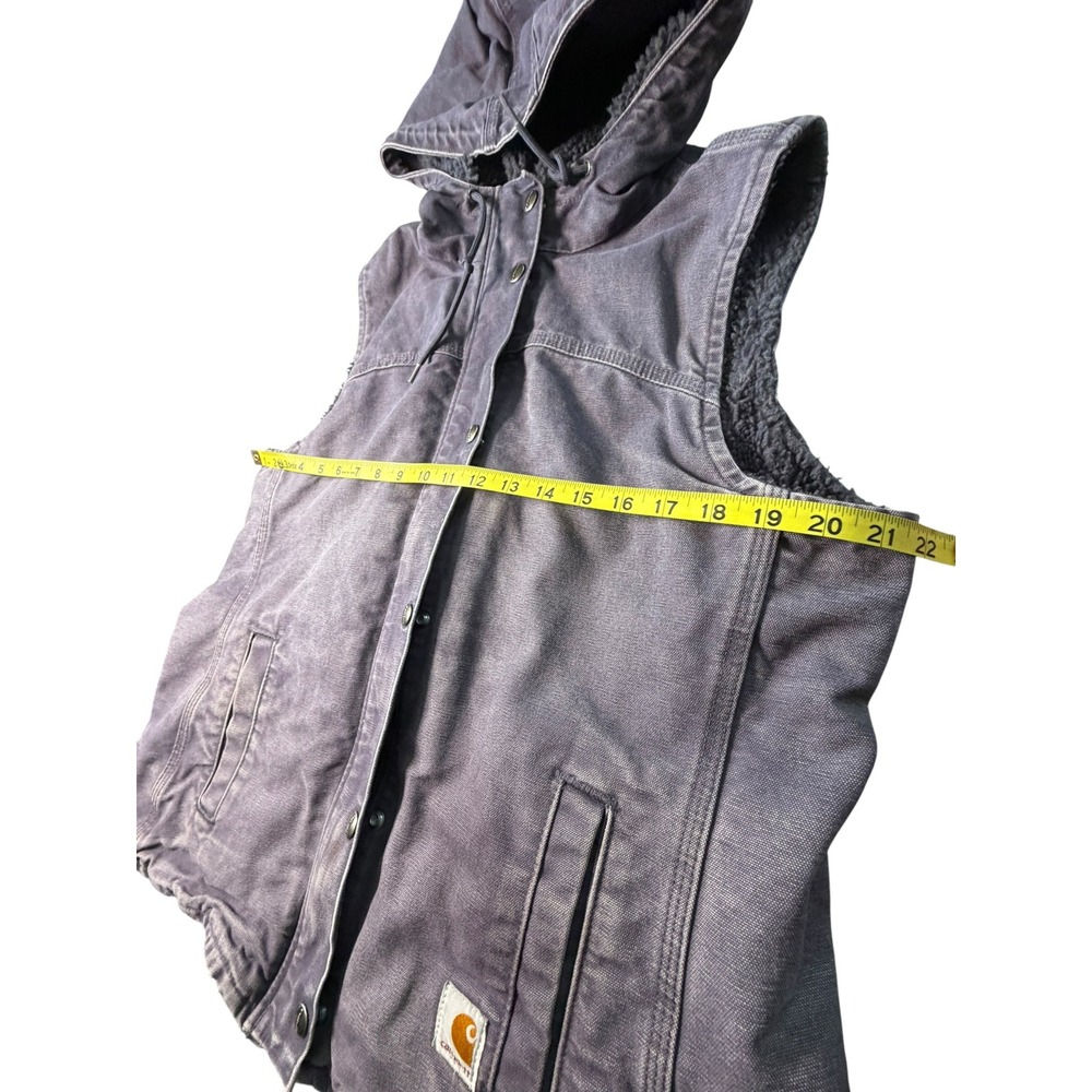 Vtg Carhartt Women's Sandstone Duck Sherpa Lined Hooded Vest Faded Gray Lilac - Picture 7 of 10